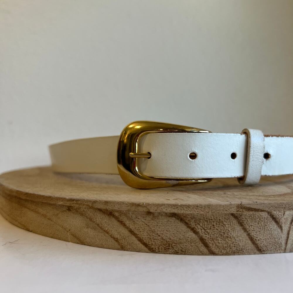Vintage Robbie Nelson USA White Genuine Leather Golden Buckle Belt Size M/L